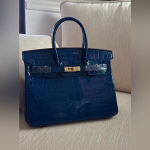 Blue Croc-Embossed Patent Leather Top-Handle Bag (Designer Inspired*) 25cm